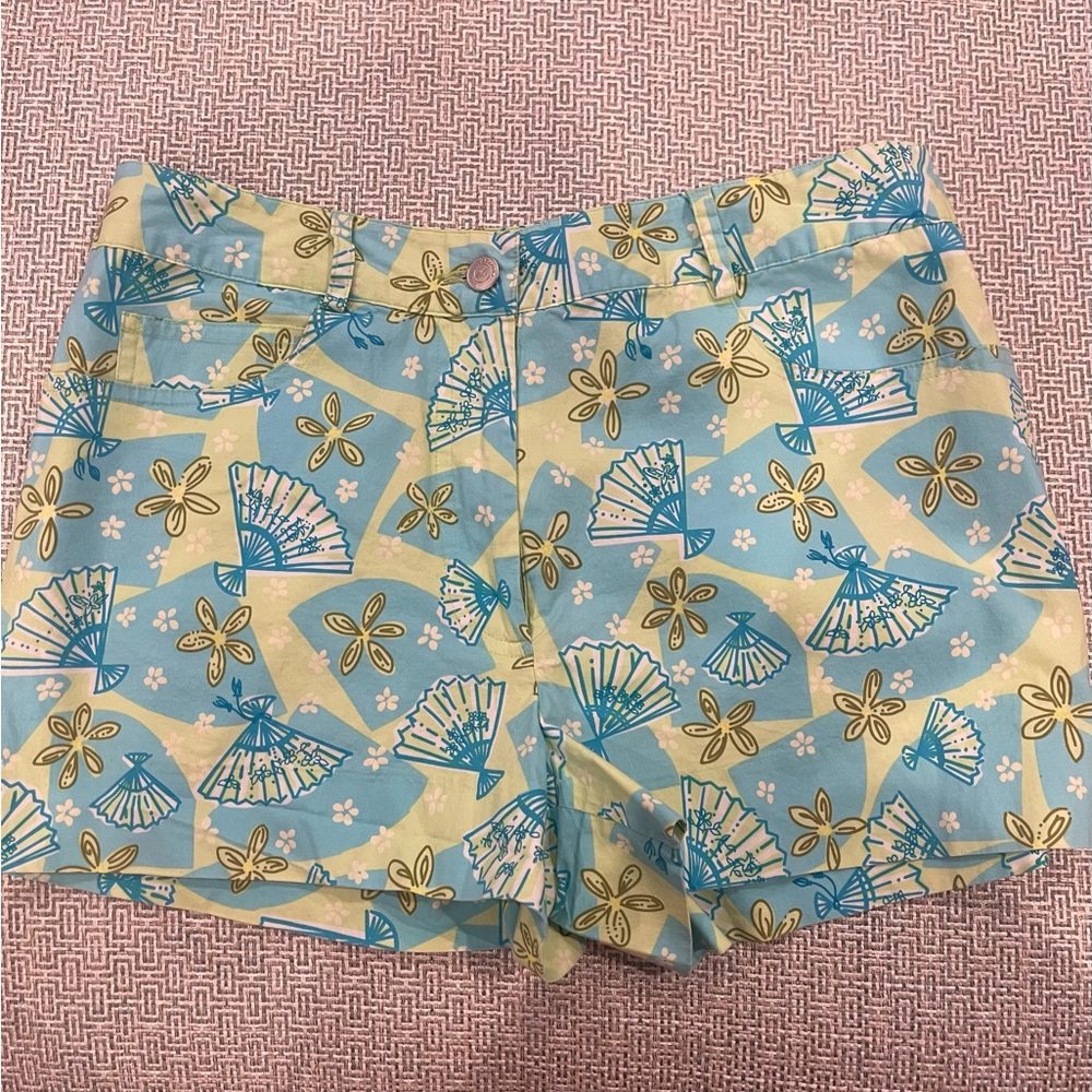 Lilly Pulitzer Fan Print Shorts Size 2 Blue Green Cotton Stretch